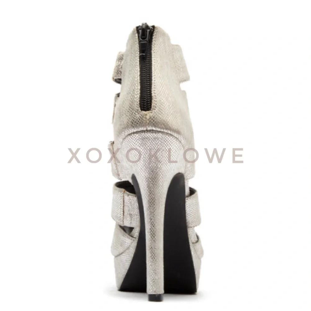 Silver Vegan Leather Strappy Platform Peep Toe Shoe